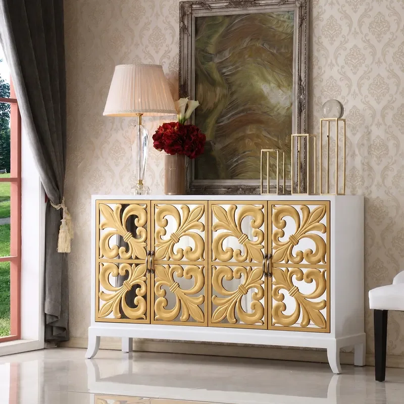 Simple White Porch Cabinet with Carved Mirror Decorative Entryway Shoe Storage Locker for Apartment Neoclassical Style