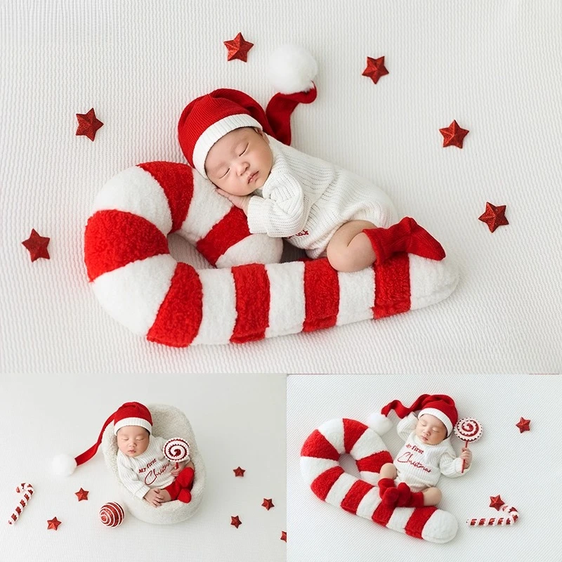 

Newborn Photography Props Christmas Knitted Outfit Set Mini X'mas Decors Crutch for Baby Studio Photoshoot Accessoris Theme Set
