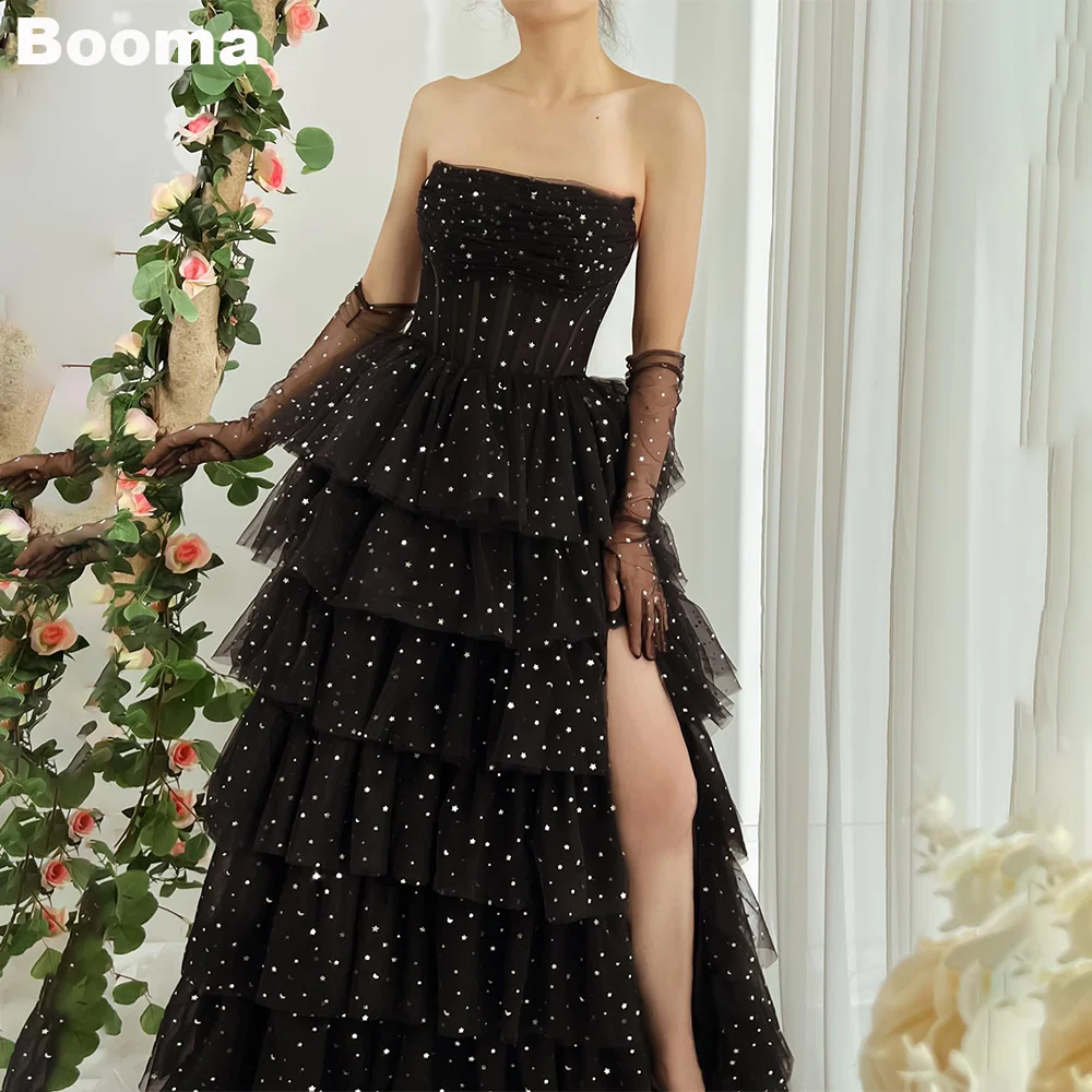 

Booma Starry Tulle Prom Dresses Strapless Tiered High Side Slit Evening Dresses for Women Winter Long Homecoming Party Dress