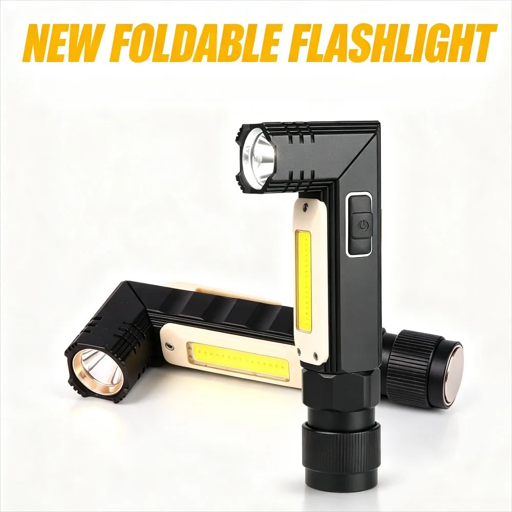 90° Foldable 360° Adjustable Red White Light Flashlight USB Rechargeable Super Bright Multifunctional Work Torch for Daily Use