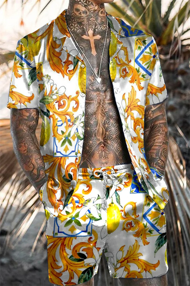 Ethnic Style Retro Printed Shirts Two-piece Summer Men's Short Sleeved Shirt Set Casual Beach Vacation Men's Clothing Tops Set