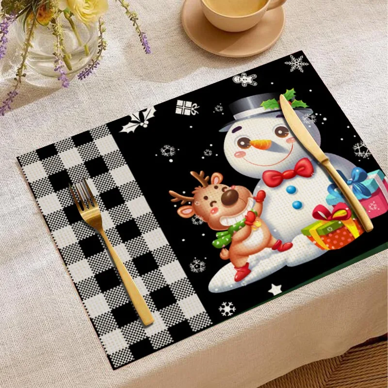Cartoon Reindeer Print Linen Placemat Christmas Theme Kitchen Countertop Mat Bowls Plates Anti-slip and Heat-insulating Mats