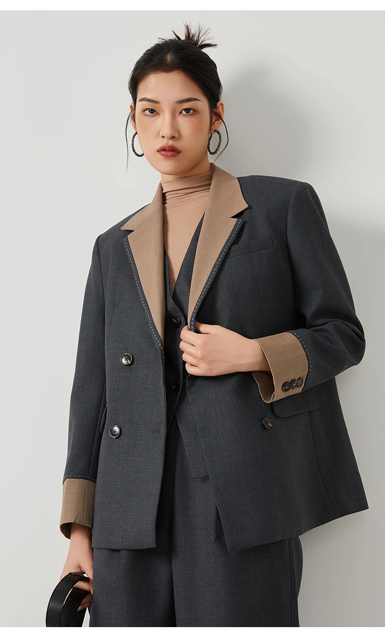 K2547W Designer-Stil Damen-Wollblazer Zweifarbige Patchwork-Jacke mit Revers Premium-Wollmischmantel – Detail 10