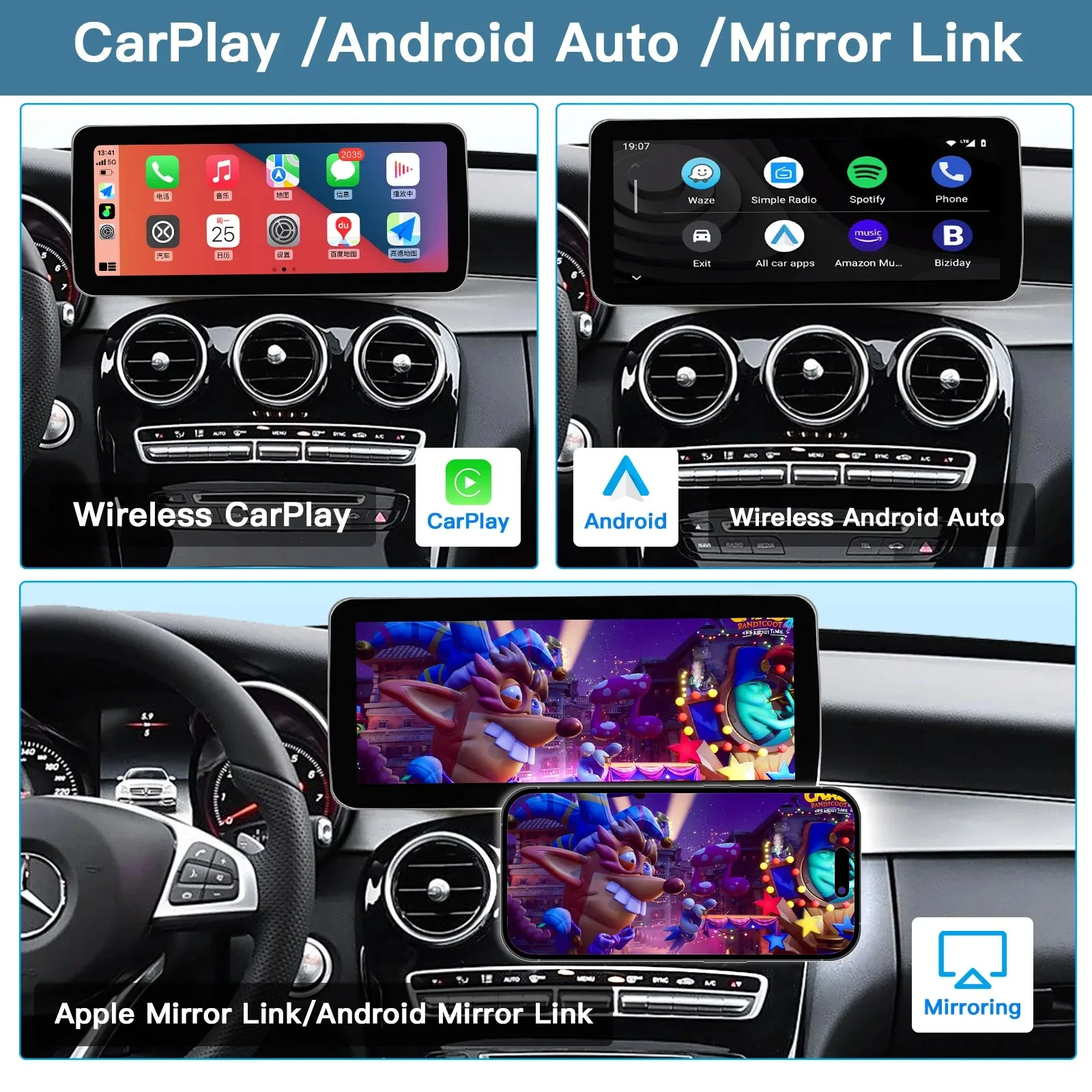 Wireless Carplay Android Auto 12.3'' Linux Screen Multimedia Radio for Mercedes NTG4.0/4.5/5.0 GLA CLA GLC W205 W176 W212