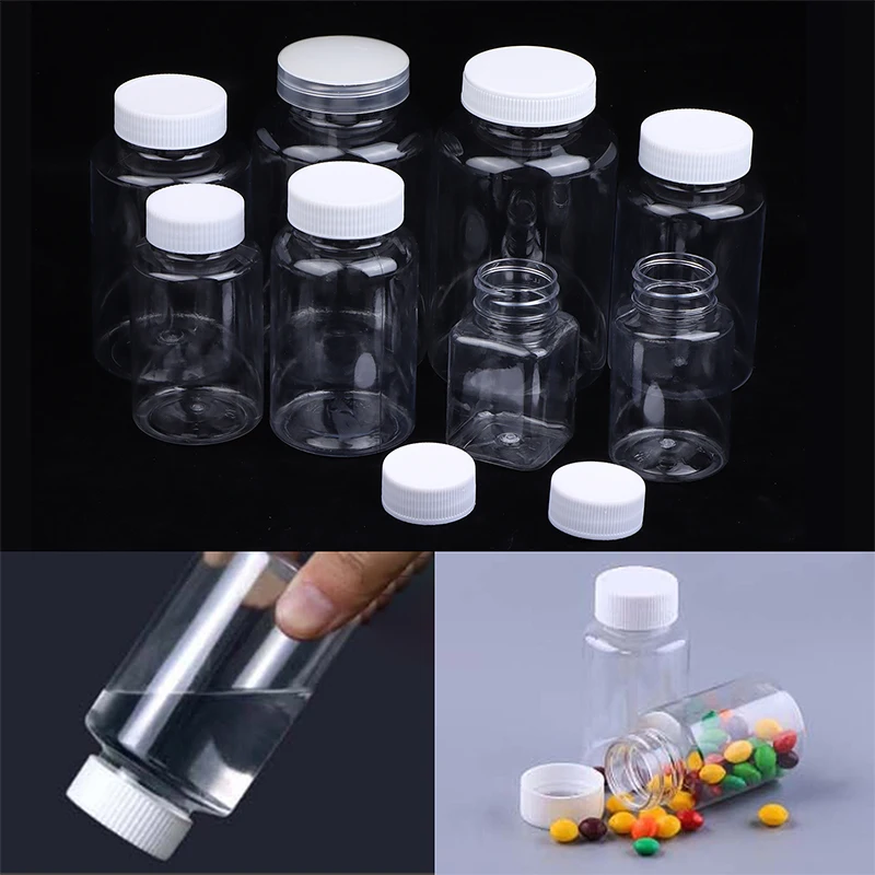 1Pc 15-500ML Transparent Plastic Bottle Wide Mouth Medicine Bottle With Screw Lid Seal Vials Liquid Reagent Container Food Grade