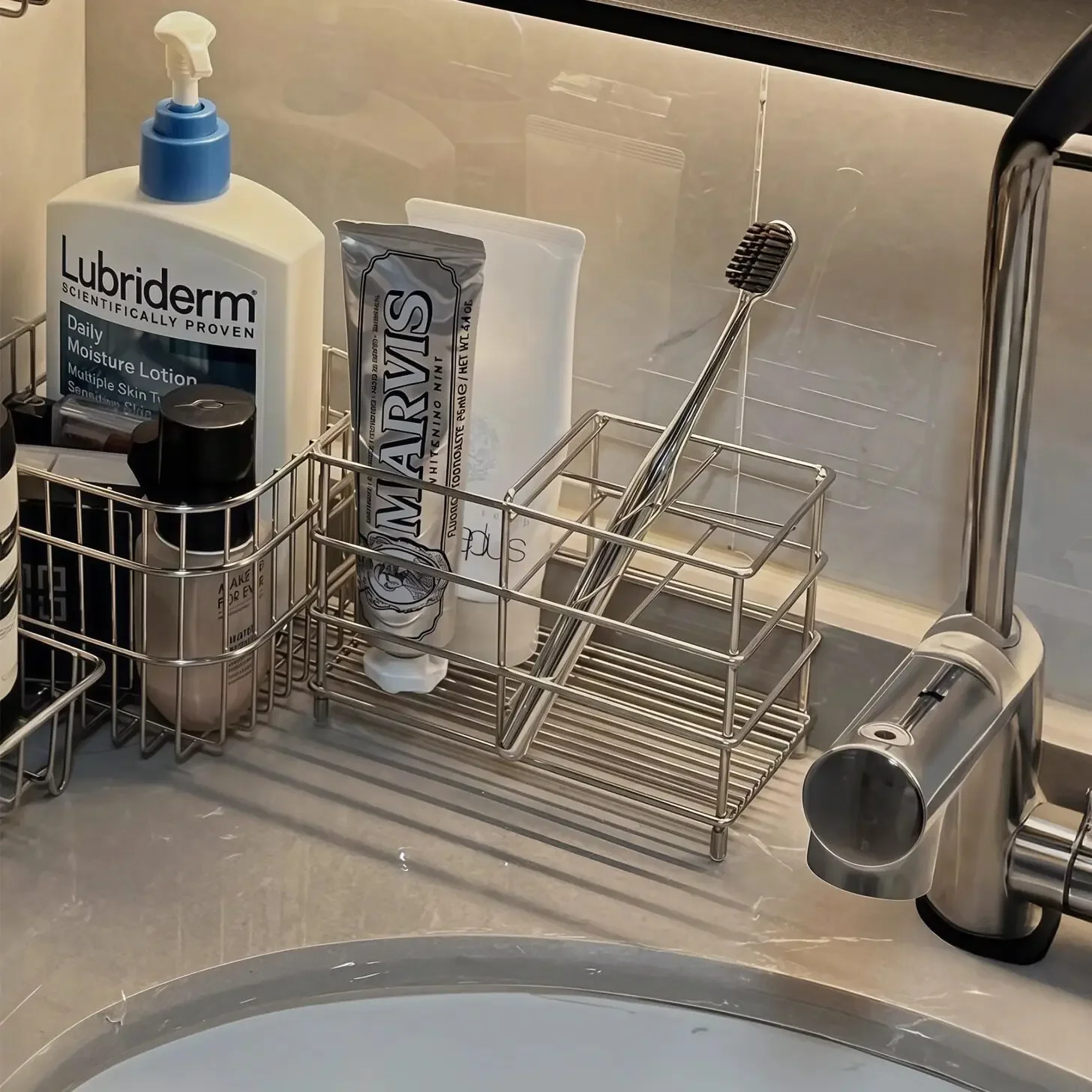 Stainless Steel Bathroom Vanity Organizer with Drain Basket Toothbrush Holder Cosmetics Storage Rack for Bathroom