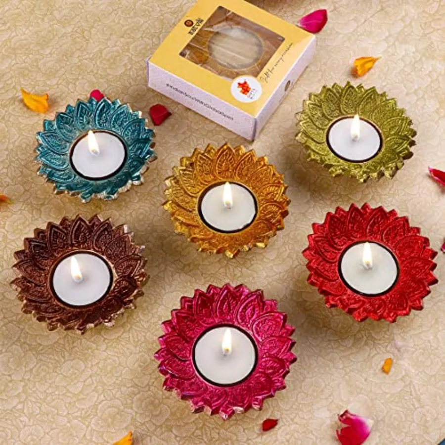 SATVIK 12 Pc Multicolor Chandrarupa Diya Floral Lotus Flower Shape Candle Tea Light Holder Oil Lamp Diwali Indian Indoor Home M