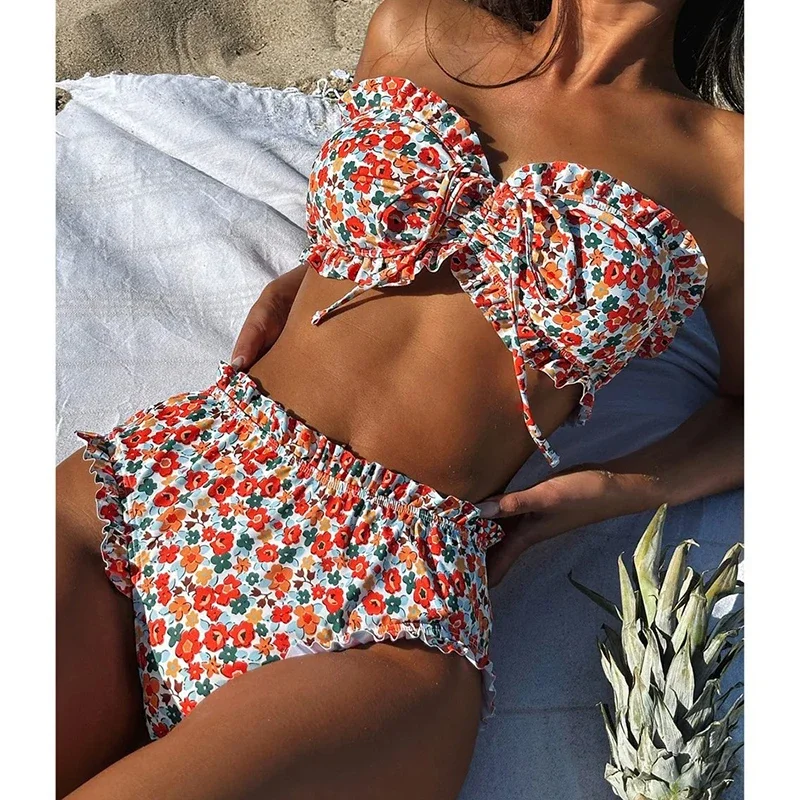

Floral Pattern Swimsuit Women Bikini Set Ruffles Strapless Lace Up High Waist Bikini Summer 2025 New Swim Bathing Suit Two Piece