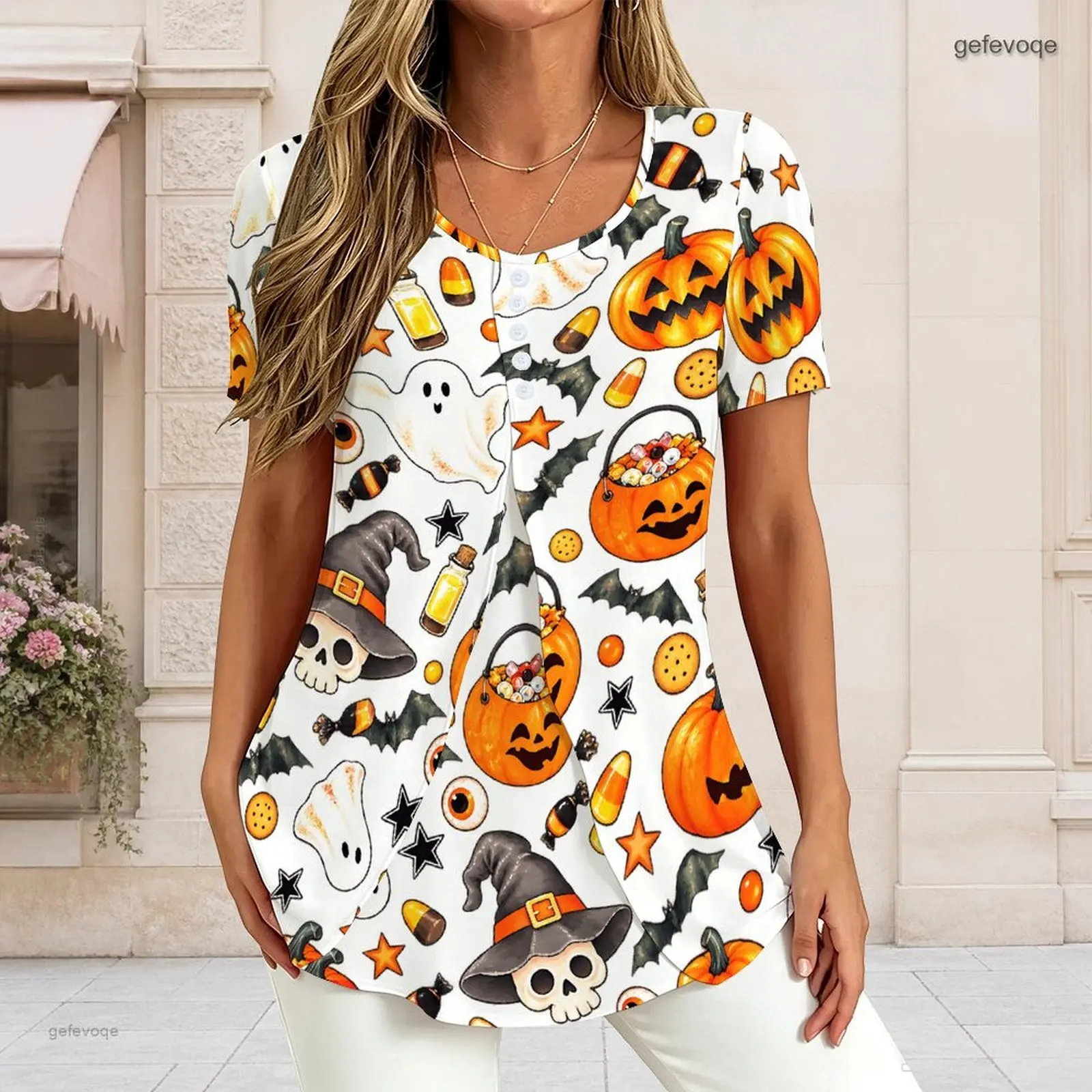 Women V Neck Short Sleeve T Shirt Half Button Placket Fake Two Piece Layered Curved Hem Loose Tunic Top Custom Print Ladies Casu