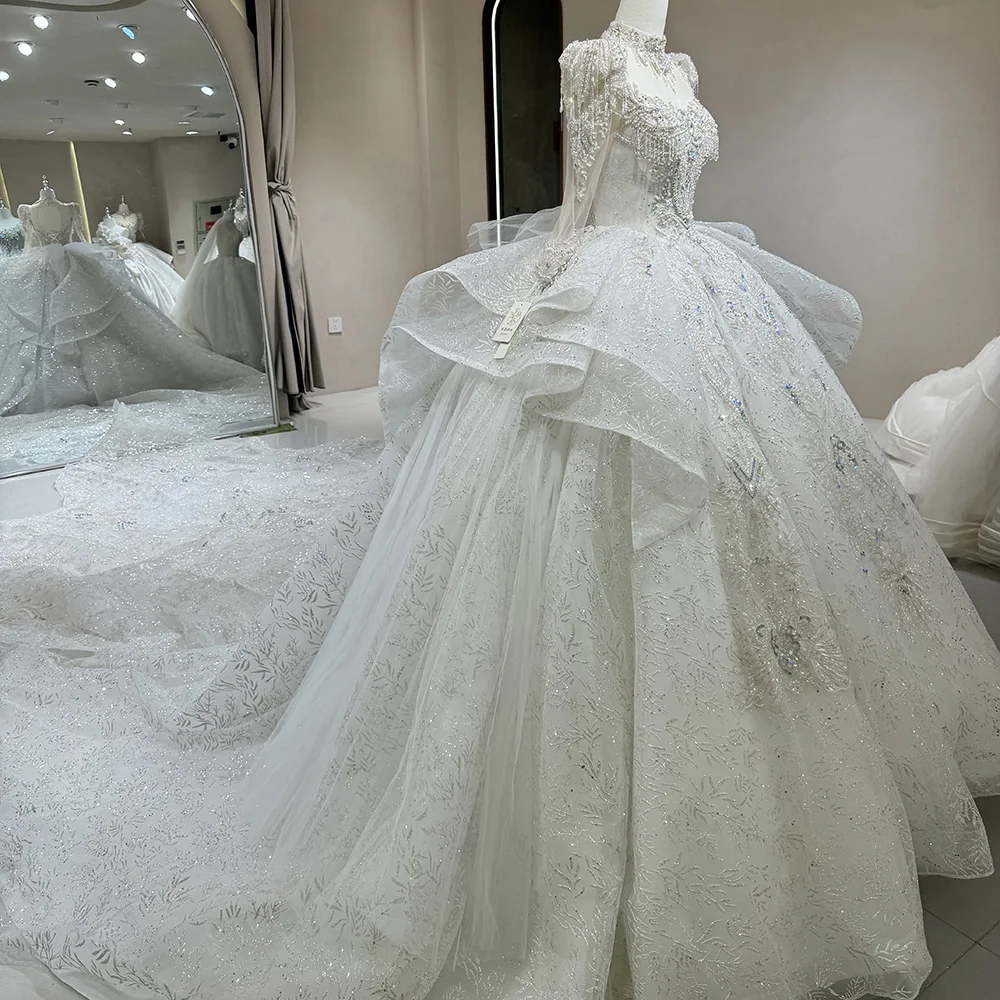 أكمام طويلة مخصصة عالية الرقبة رائع الترتر سباركلي بلورات فستان الزفاف الرسمي زي العرائس Fساتين الحافلة #4