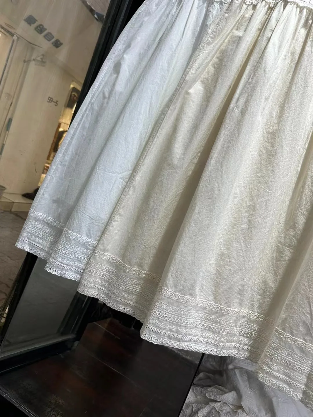 Saia Branca de Primavera Verão com Camadas, Camada Base de Comprimento Médio em Material de Algodão, Estilo Doce