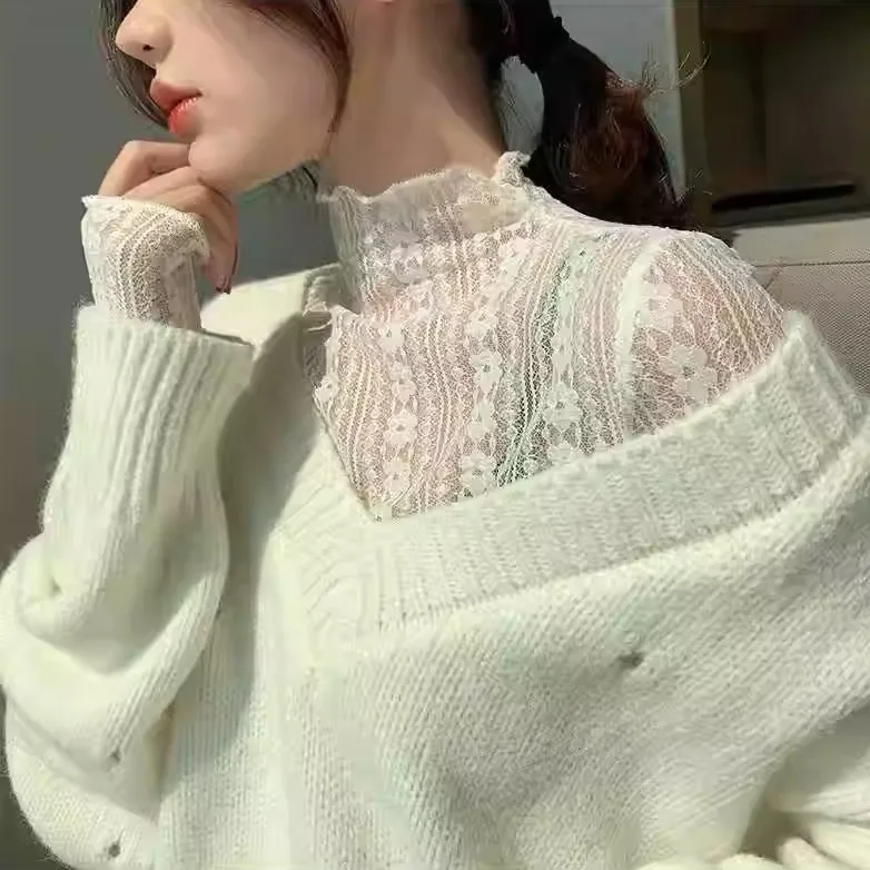 

Весенне-осенняя женская базовая блузка с высоким воротом и кружевом, с длинным рукавом, простой крой, облегающая, с рукавами-фонариками, кружевной топ