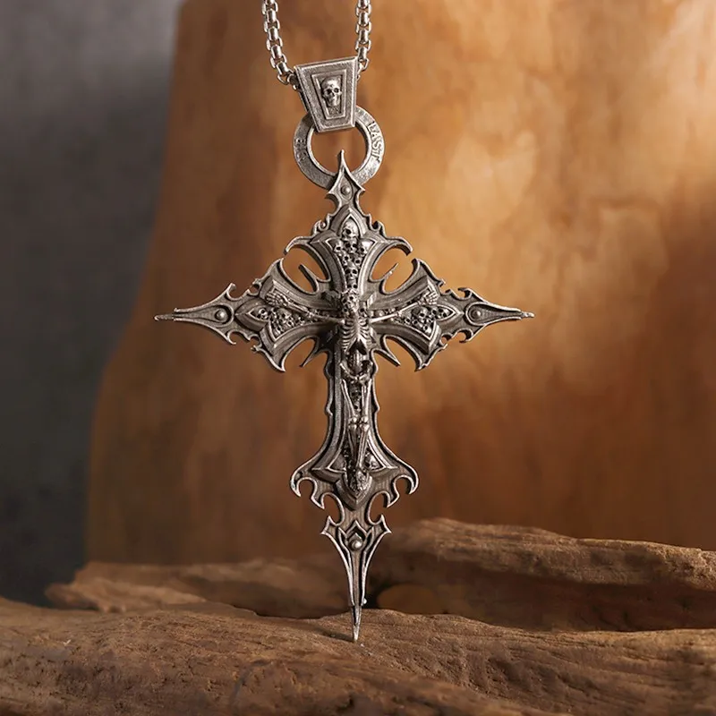 Vintage Gothic Cross Skull Pendant Necklace for Men Fashion Party Trend Punk Jewelry Halloween Gifts