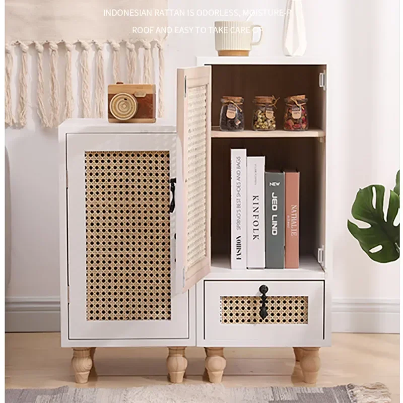 Modern Bedside Table Solid Wood Rattan Woven Storage Cabinet Multi-functional Sofa Cabinet Bedroom with Drawers Home Furniture