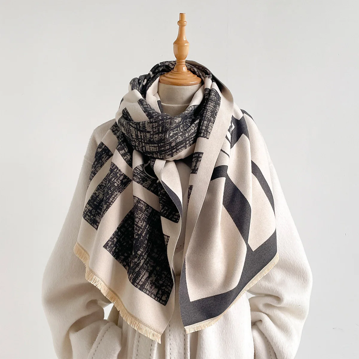 Elegant Plaid Camellia Pattern Double Sided Scarf For Women Cashmere Feel Reversible Long Shawl Fringe Trim Warm Neck Wrap