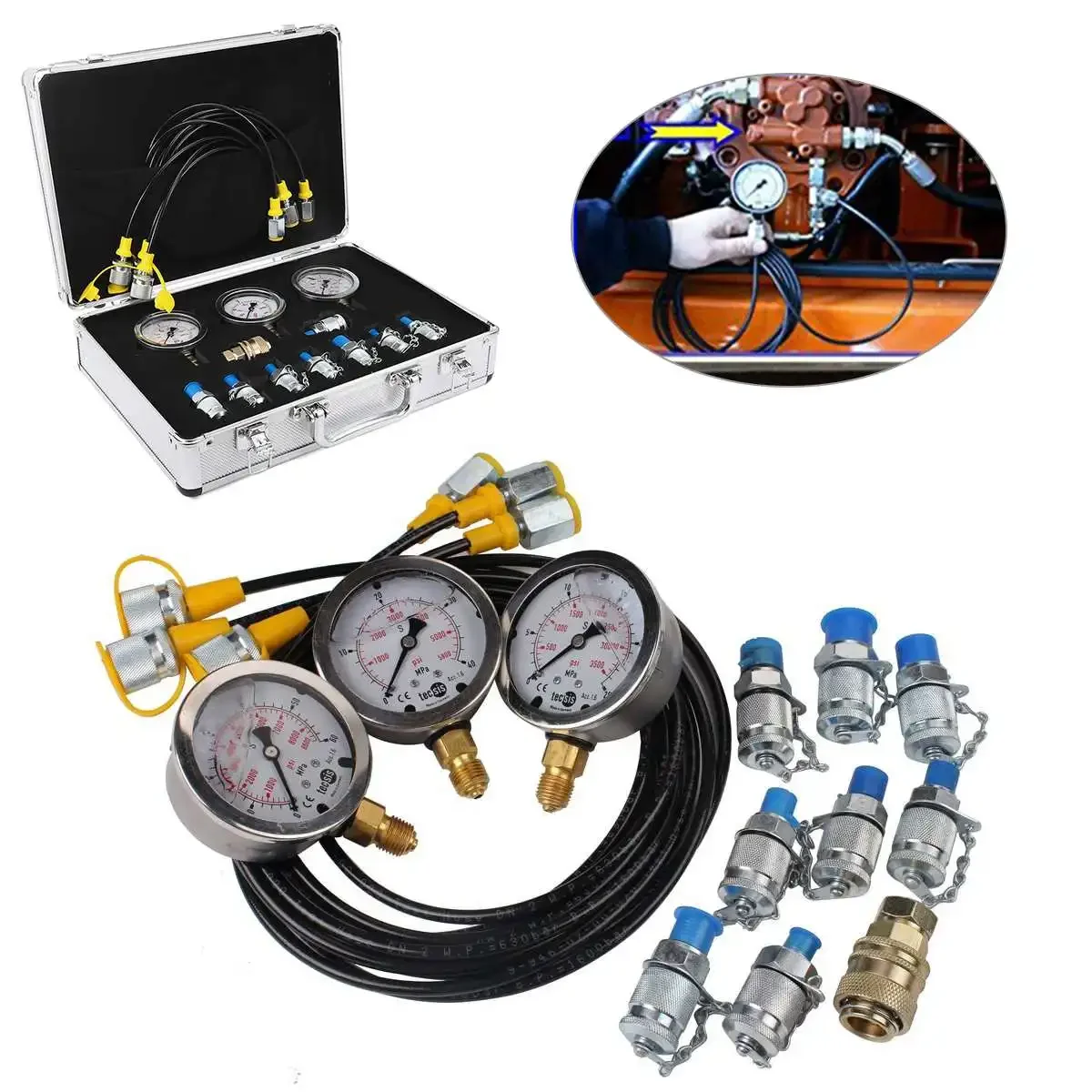 1 Set Professional Excavator Hydraulic Pressure Gauge Test Kit Hydraulic Measuring Toolbox For Hydraulic Presses Machinery