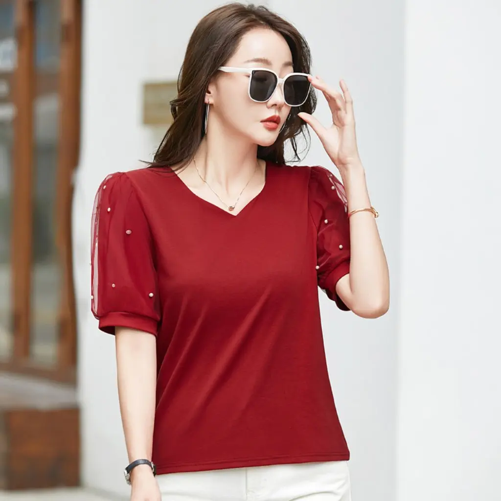 

Fashionable Women's V-neck T-shirt Loose Fit Solid Color Summer Short-sleeved Outer Wear