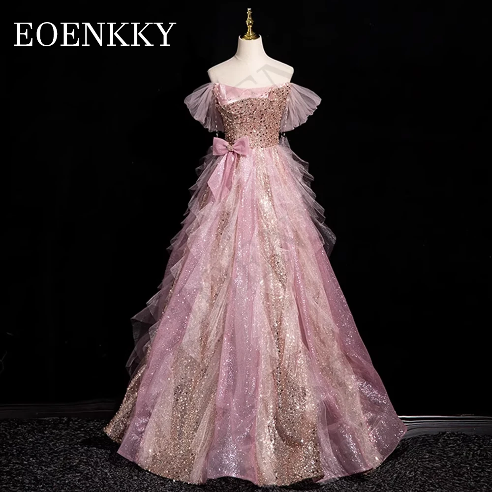 

Luxury Sparkly Beading Prom Dresses 2024 Glitter Sequined Off The Shoulder A Line Wedding Guest Dress Pink vestidos de gala