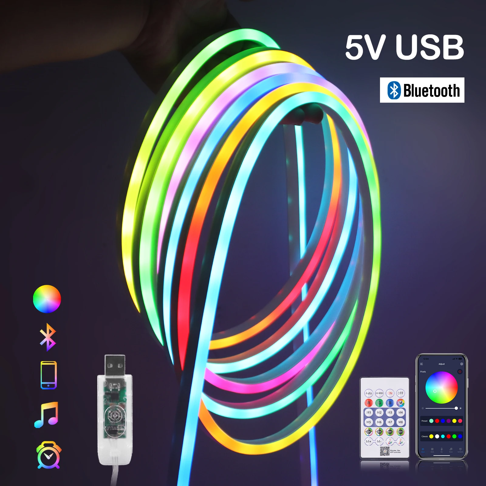 Imagem -04 - Tiras de Luz Led Neon Flexíveis Pixel Faça Você Mesmo Lâmpada de Fita Diodo Endereçável Funciona com Bluetooth Music Sync Usb Ws2812b 7x13 mm Ip67