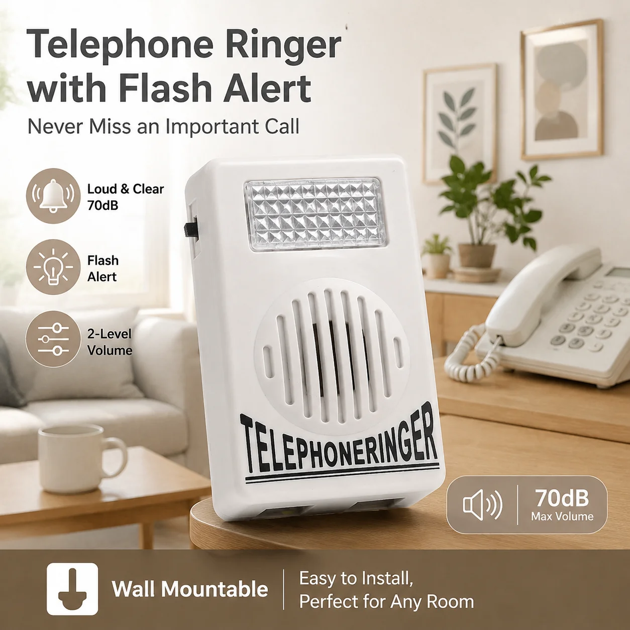 Extra-Loud Ringer Sound Telephone Phone Amplifier Strobe Light Flasher Bell Support C/O Ring Plug Avoid Ring Noise