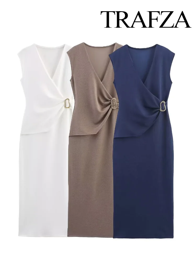 

HH Woman Summer Solid Fashion Double Tiled Twill V-neck Close-fitting Midi Dress Women Sleeveless Golden Buttons Dresses