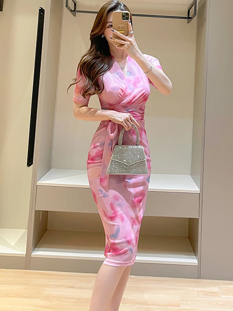 

2025 Korean Fashion Bodycon Bow Bandage Long Dress Summer Pink Print Mesh Casual Dress Women Elegant Chic Festival Party Dresses