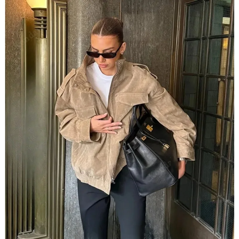 

Женская повседневная замшевая куртка 2026 года с воротником-стойкой, карманами, свободного кроя, осенне-зимняя, модная, в стиле High Street