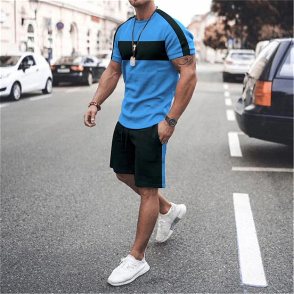 Summer T shirt Set For Men Striped 3D Print Men\'s T-shirt Short Sleeve+Shorts 2-Piece Set Oversized Casual Beach Sport Man Suit