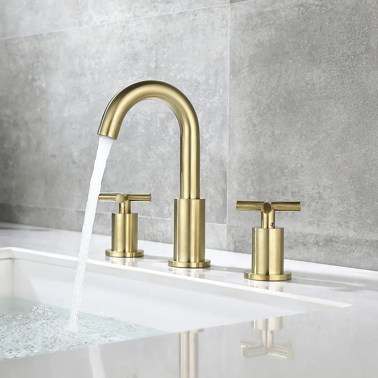 

Luxury Top Quality Brushed Gold 8 Inches Widespread Bathroom Faucet,Cold hot 2 Handle 3 Hole Brass Bathroom Faucet for Sink