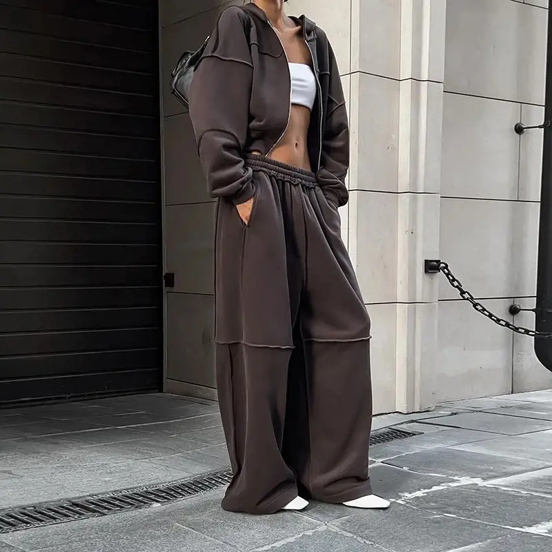 

Винтажный спортивный костюм Y2K High Street, женские свободные куртки с капюшоном и длинными рукавами, прямые спортивные штаны с эластичной резинкой на талии, спортивные костюмы из 2 предметов