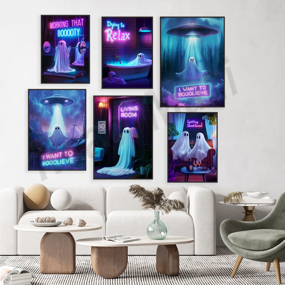 Ghost in bathtub, neon rendering ghost poster, spooky gym art, alien ghost, playful ghost drinking wine, gothic home decor