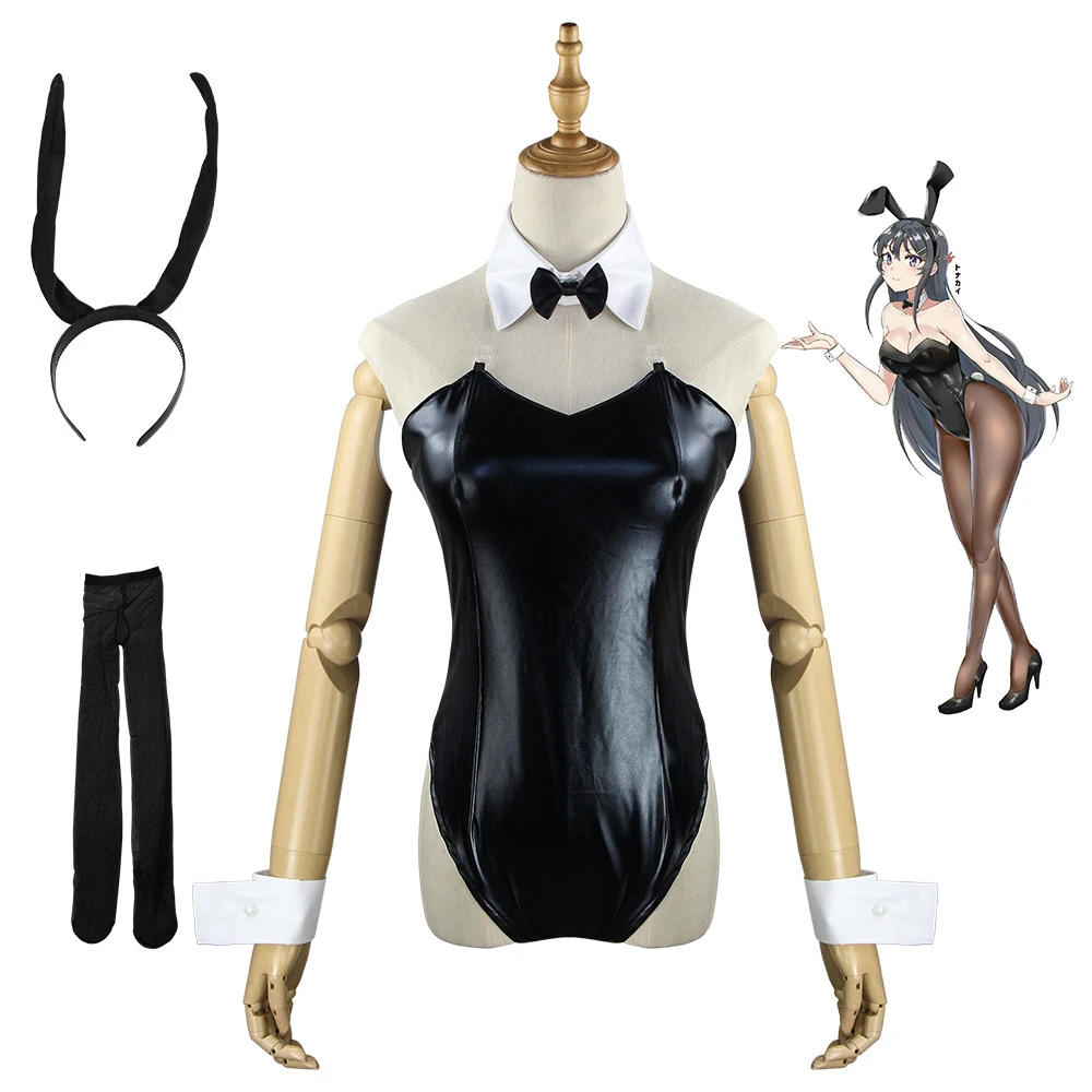 

Young Pig Won't Dream Sakurajima Mai Bunny Girl Cosplay Costume Full Set Black Patent Leather Bodysuit Tail for Halloween Party