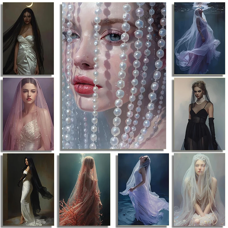 Surrealing Dreamy Beautiful Misty Pearl Wedding Dress Female Portrait Art Poster Canvas Print Photography Studio Home Wall Decor