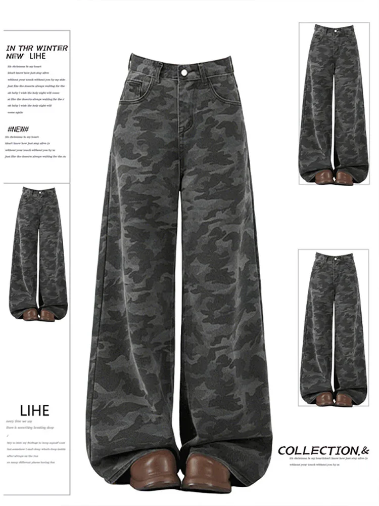 

American Sle Camouflage Workwear Jeans Women's Autumn Winter Fce Lined Loose plus Size Slimming Pear aped Wide Leg Flo...