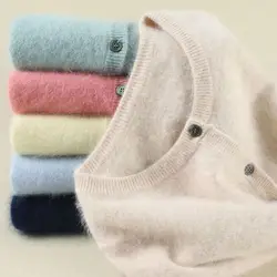 Spring And Autumn New Mink Cashmere Sweater Women Cardigan Round Neck Pullover Slim Thickening Warm Knit Bottoming Shirt