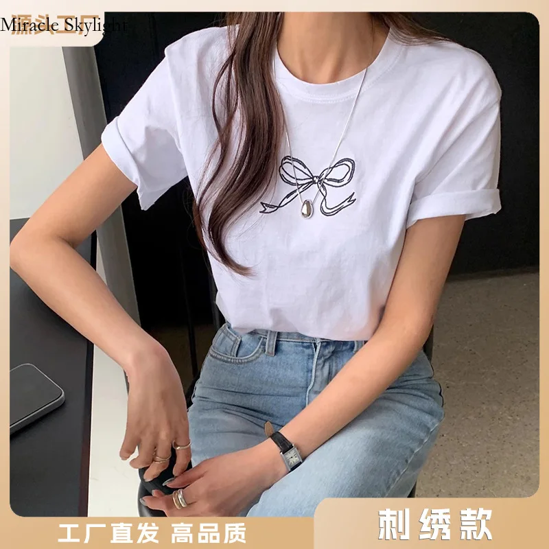 

New Style Exposed Navel Short Sleeved Women's Korean Casual Bow Embroidered Women's T-Shirt