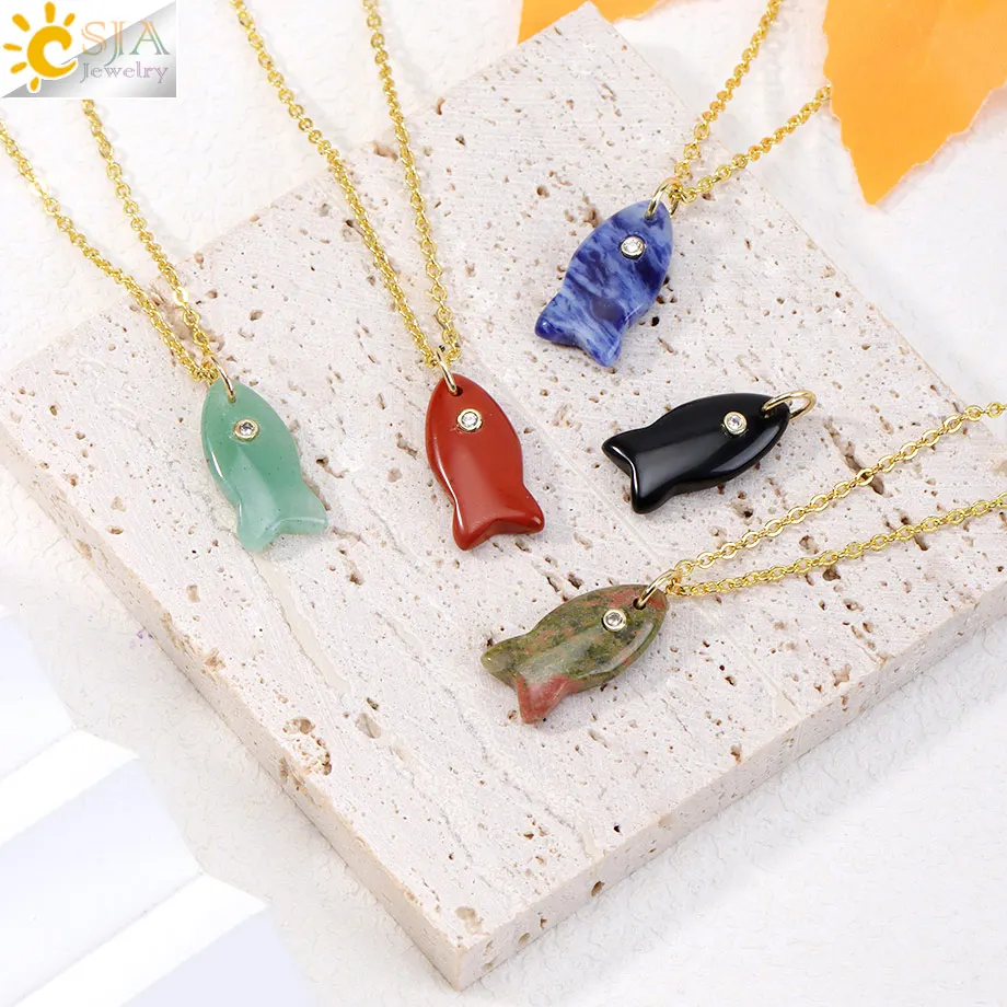  CSJA Creative Natural Stone Fish Pendant Necklaces Stainless Steel Chain Energy Crystal Amethyst Necklace for Women Man H848