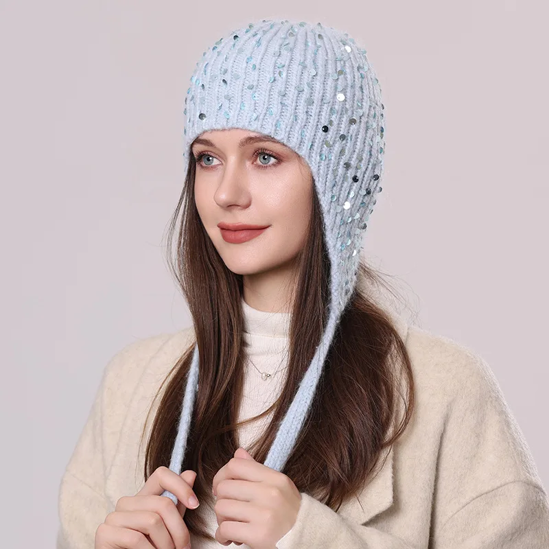 Women's Sequin Rabbit Hair Knitted Hat Winter Warm Everything With Wool Hat Fashion Ear Protection Headgear