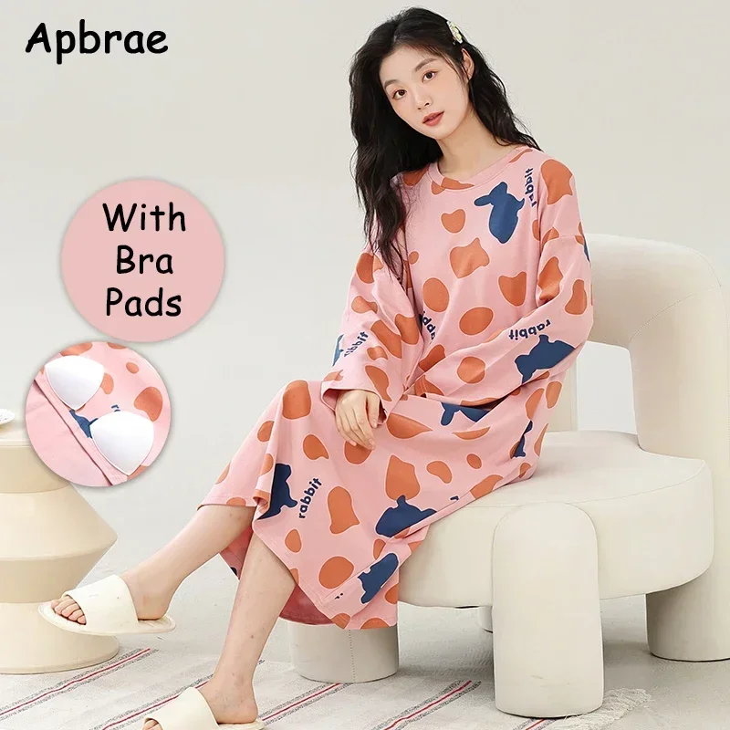 M-3XL Cotton Long Nightgown for Women Autumn Winter O-neck Cartoon Cute Nightgowns Rabbit Print Long Sleeves Sleepwear Dress