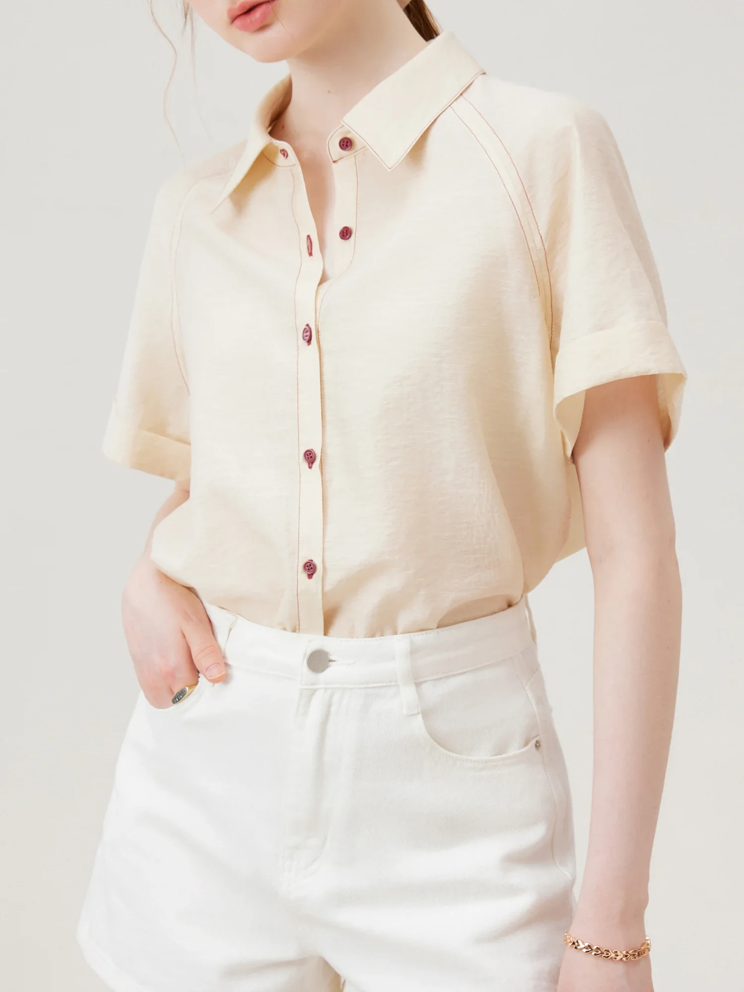 FSLE Women Summer Shirts Raglan Sleeve Female Short Sleeve Beige Yellow Blouses Single Breasted Thin Linen Shirt 24FS18074