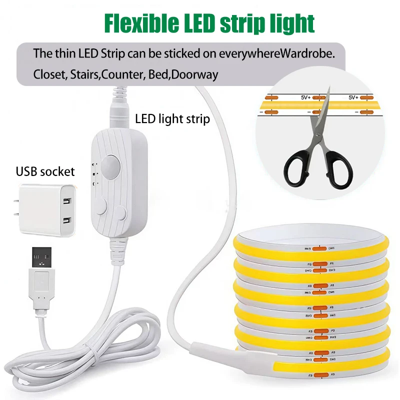 PIR محس حركة COB LED قطاع ضوء تيار مستمر 5 فولت USB بالطاقة مناسبة لخزائن الدرج خزائن المطابخ DIY الخلفية للغرفة #4