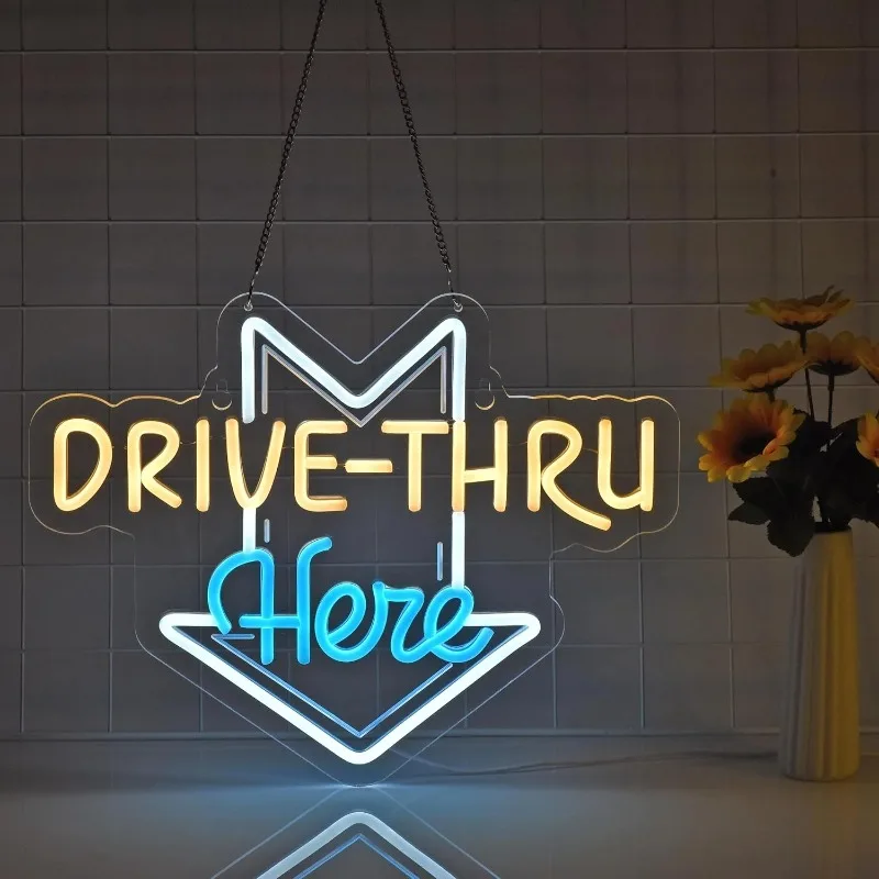 DRIVE THRU LED Neon Sign,Dimmable Acrylic DriveThrough Neon Light fo  Restaurant,Garage Wall Decor,Business Storefront Sign