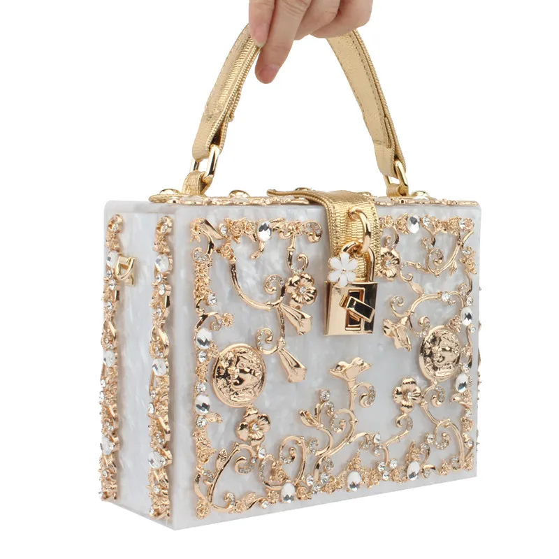 Box Designer evening bag diamond flower Clutch Bag hollow relief Acrylic luxury handbag banquet party purse women\'s Shoulder bag