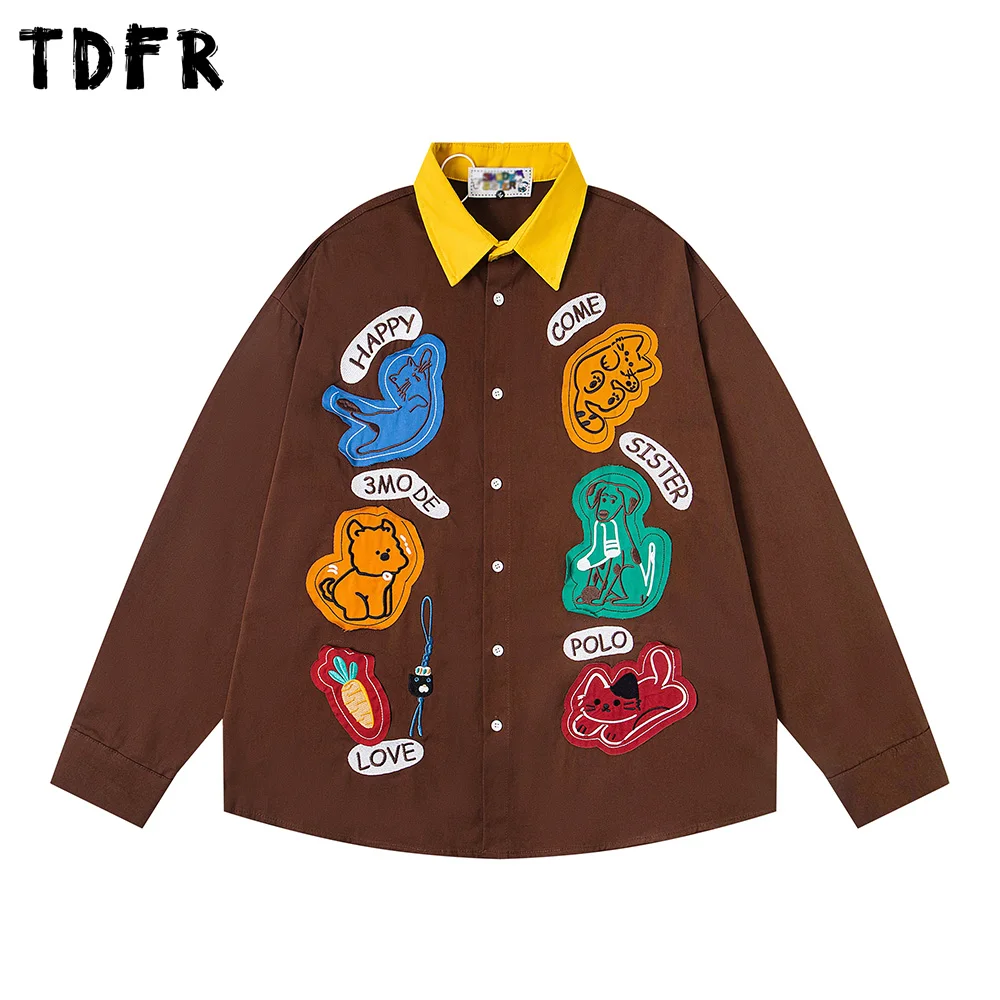 

Cartoon Patch Embroidery Long Sleeve Shirts Mens Retro Casual Autumn Spliced Lapel Loose Single Breasted Cotton Shirts Man