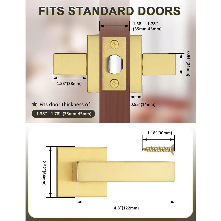 10 عبوات من مقابض عتلات مربعة بدون مفتاح ذهبية مع لمسة نهائية من النحاس الساتان لمجموعات أقفال أبواب الممر الداخلي بتصميم عكسي مناسب