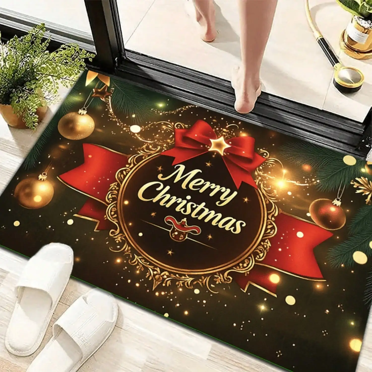 1pc Festive Christmas & Halloween Doormat - Soft, Absorbent, Anti-Slip, Washable Polyester Mat With Shiny Ornaments & Bold 