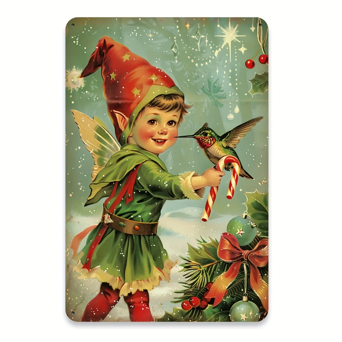 Vintage Christmas Elf & Hummingbird Tin Tin Sign Wall Art - Bohemian Style Holiday Decor with Snowflakes, Holly & Candy Canes, D