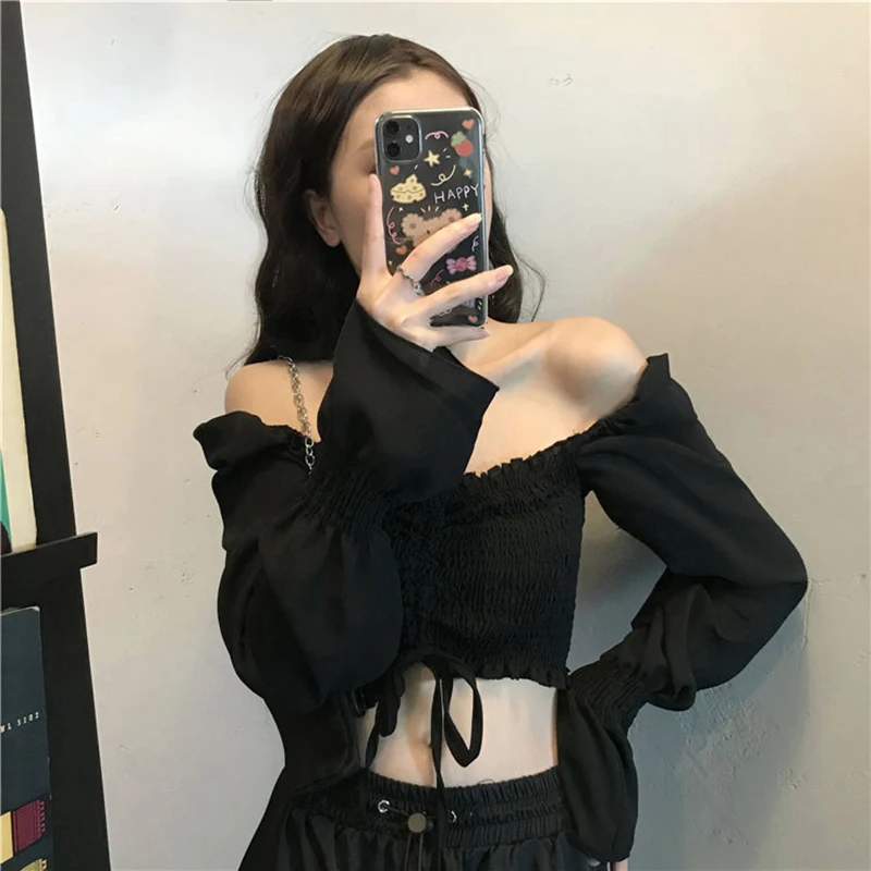 Cropped Slash Neck Shirts Women Streetwear Black Shirring Long Sleeve Blouses Summer Korean Elegant Sexy Off Shoulder Crop Tops