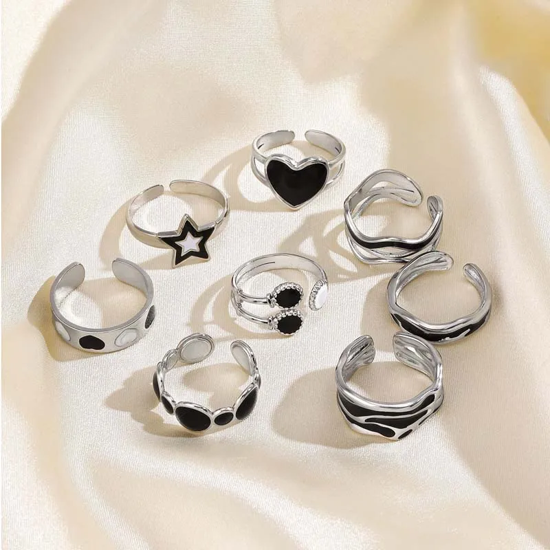 Mode Edelstahl Geometrische Ringe für Frauen Einfache Schwarz Farbe Dropping Öl Einstellbare Ringe Hochzeit Schmuck Geschenk Bijoux