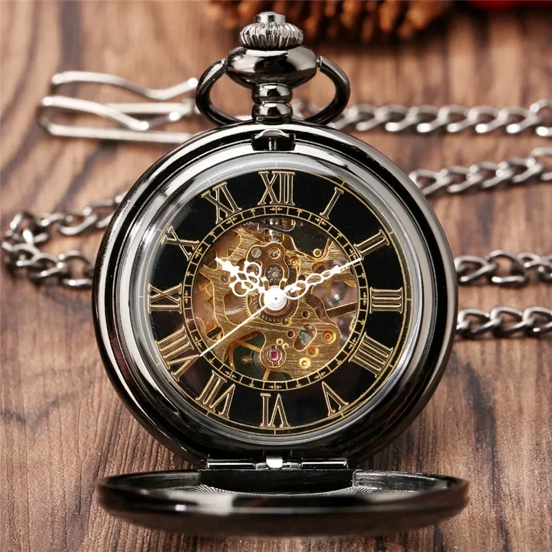 Vintage Roman Numerals Transparent Glass Cover Men's Handwinding Mechanical Pocket Watch Pendant Clock with Black Fob Chain Gift